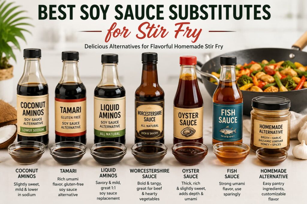 Best soy sauce substitutes for stir fry including coconut aminos tamari liquid aminos Worcestershire sauce and homemade alternatives