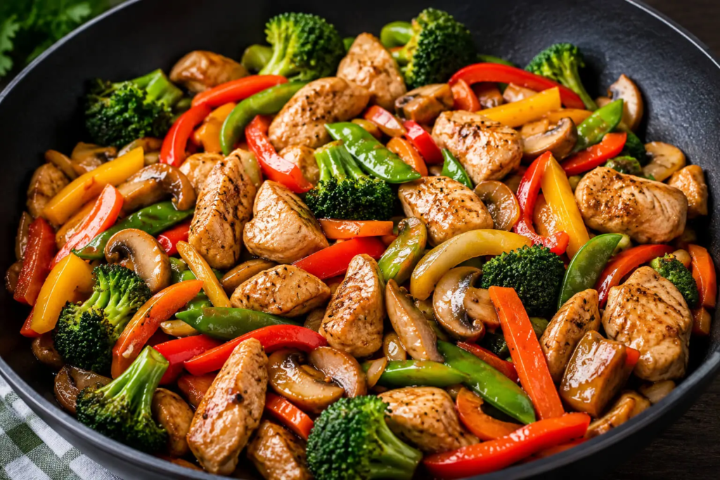 Best vegetable combinations stir fry with colorful fresh vegetables and juicy chicken in a homemade stir fry