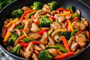 Best vegetable combinations stir fry with colorful fresh vegetables and juicy chicken in a homemade stir fry