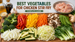 Best vegetables for chicken stir fry arranged fresh on a cutting board with chicken and stir fry ingredients