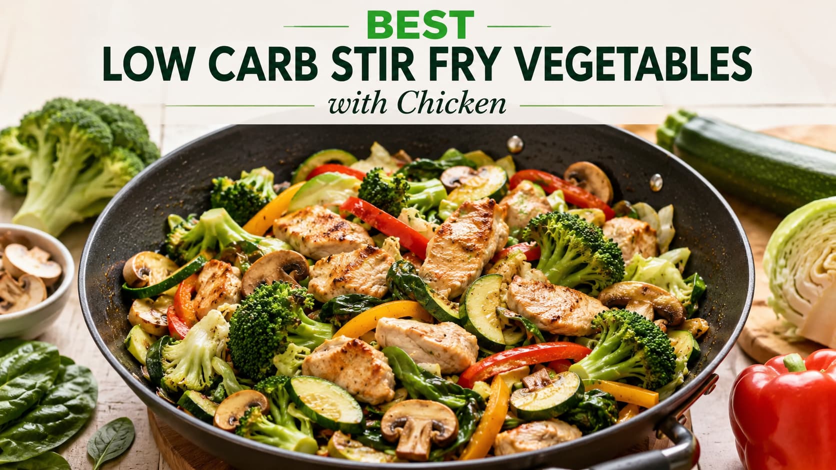 Best low carb stir fry vegetables with chicken including broccoli zucchini cabbage mushrooms spinach and bell peppers