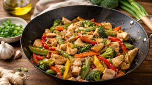 Delicious homemade chicken stir fry without soy sauce using fresh vegetables and flavorful alternative seasonings