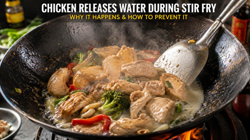 Chicken releases water during stir fry while cooking in a hot wok with visible steam and liquid
