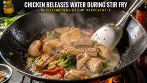 Chicken releases water during stir fry while cooking in a hot wok with visible steam and liquid