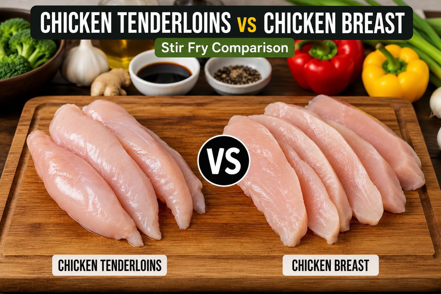 Chicken tenderloins vs chicken breast prepared on a cutting board before making stir fry