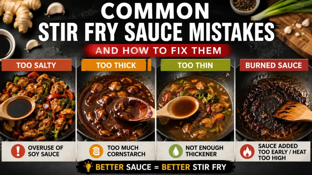 Common stir fry sauce mistakes including sauce that is too salty, too thick, too thin, and burned in a wok