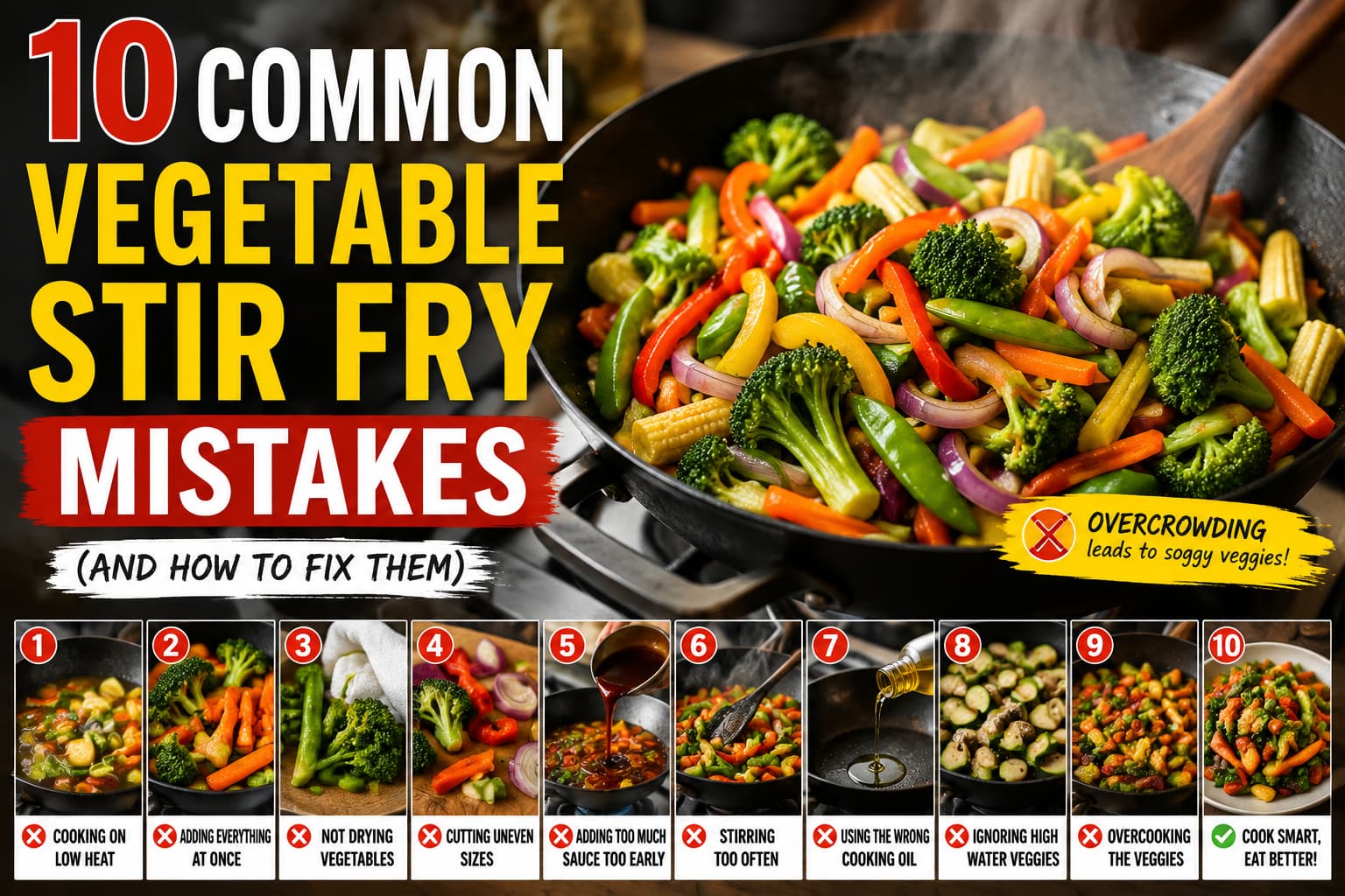 Vegetable stir fry mistakes including overcrowded vegetables cooking in a wok