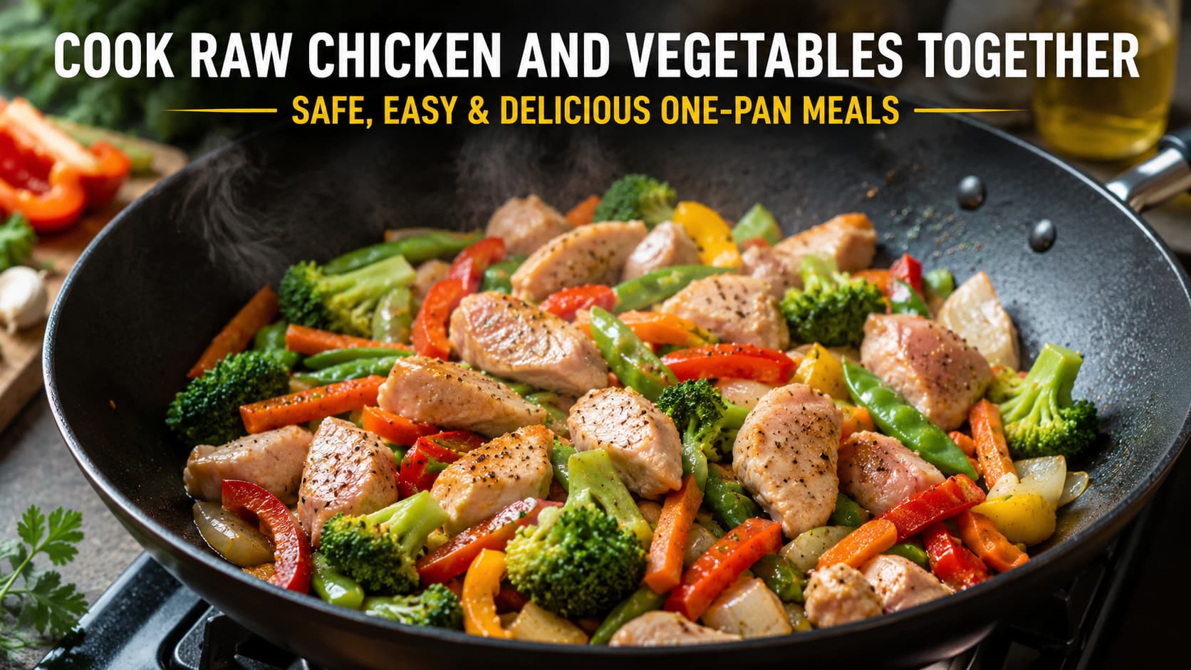 Raw chicken and fresh vegetables cooking together safely in a hot wok for a healthy stir fry