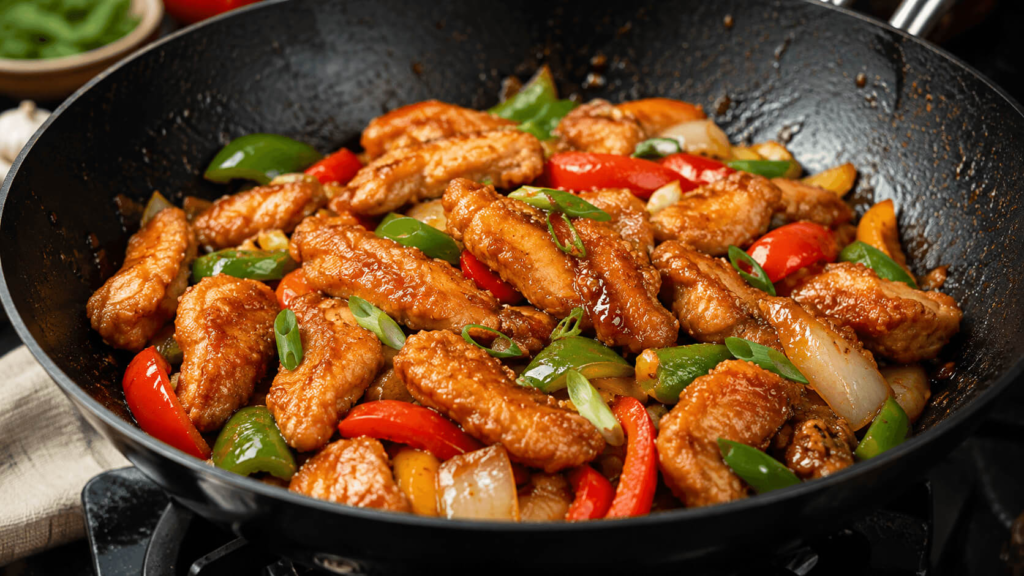 Crispy chicken stir fry cooked in a wok without deep frying using a golden cornstarch coating