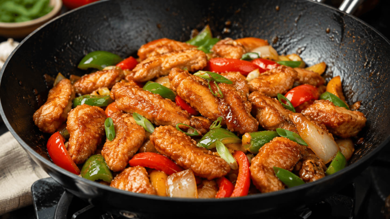 Crispy chicken stir fry cooked in a wok without deep frying using a golden cornstarch coating