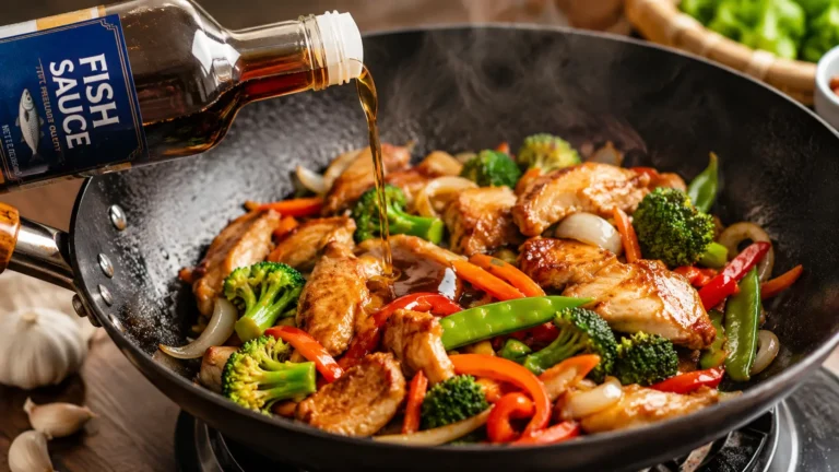 Fish sauce stir fry with chicken and vegetables cooked in a wok using fish sauce for rich umami flavor