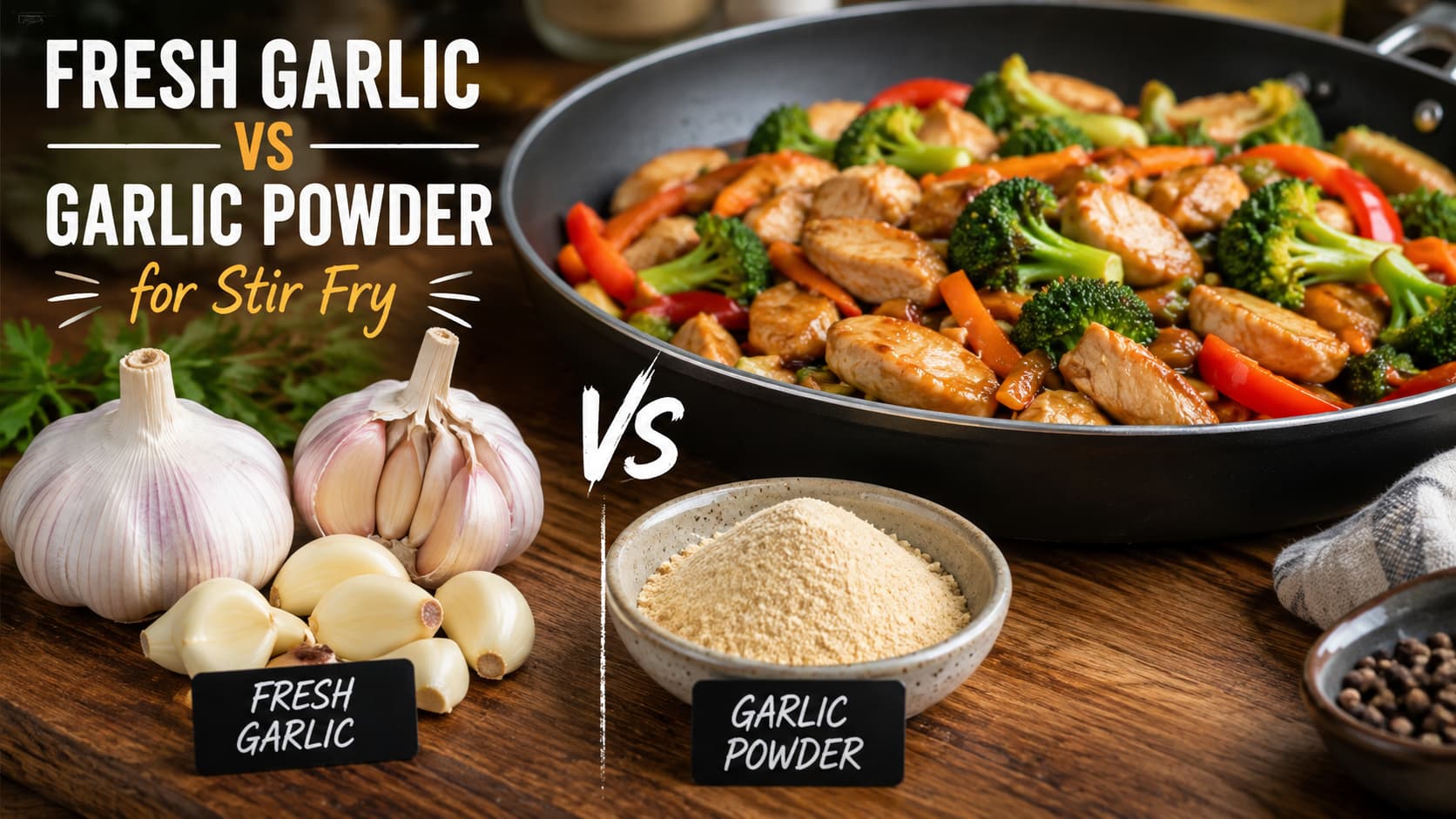 Fresh garlic vs garlic powder for stir fry showing whole garlic bulbs fresh cloves and garlic powder beside a homemade chicken stir fry