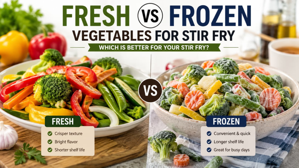Fresh vs frozen vegetables stir fry comparison with colorful fresh vegetables beside frozen mixed vegetables ready for cooking