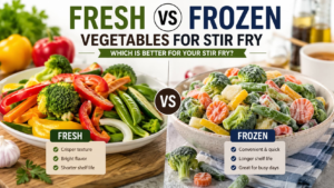 Fresh vs frozen vegetables stir fry comparison with colorful fresh vegetables beside frozen mixed vegetables ready for cooking