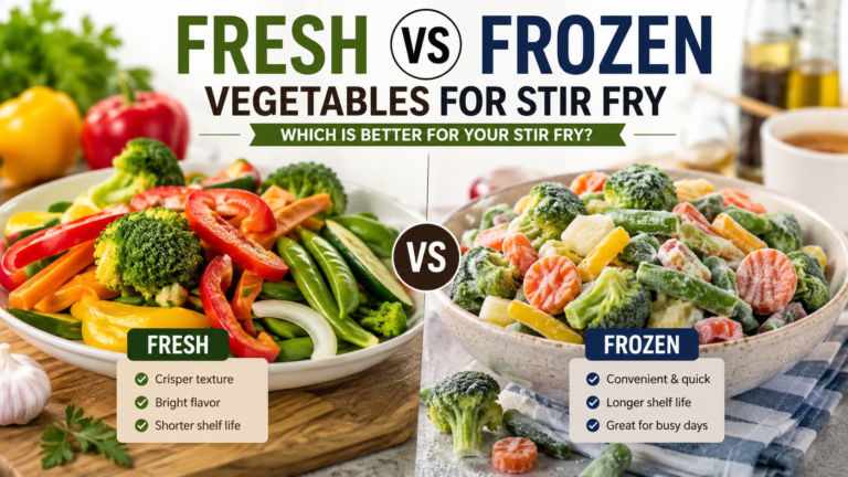 Fresh vs frozen vegetables stir fry comparison with colorful fresh vegetables beside frozen mixed vegetables ready for cooking