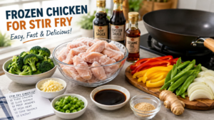 Frozen chicken for stir fry with vegetables and cooking ingredients on a kitchen counter