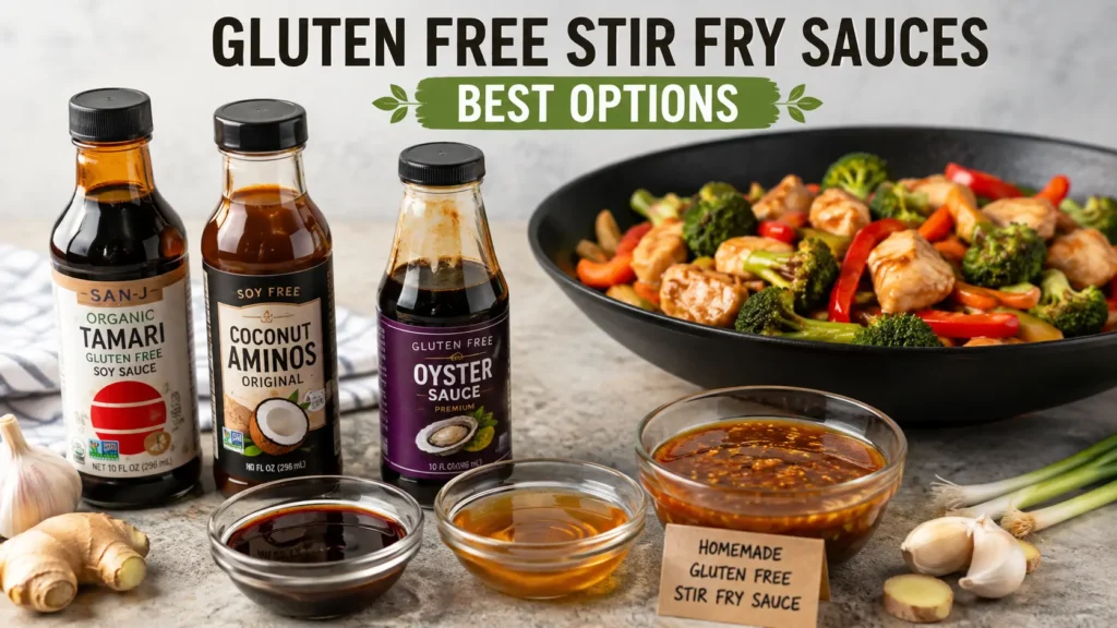Gluten free stir fry sauces including tamari, coconut aminos, and homemade sauce served with chicken and vegetables
