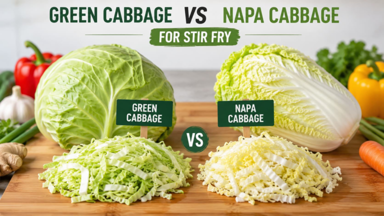 Green cabbage vs napa cabbage for stir fry displayed side by side on a wooden cutting board with fresh vegetables