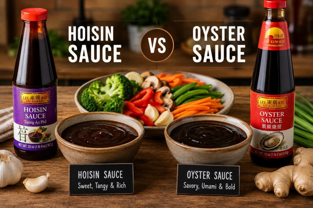 hoisin sauce vs oyster sauce comparison of flavor, ingredients, and stir fry uses