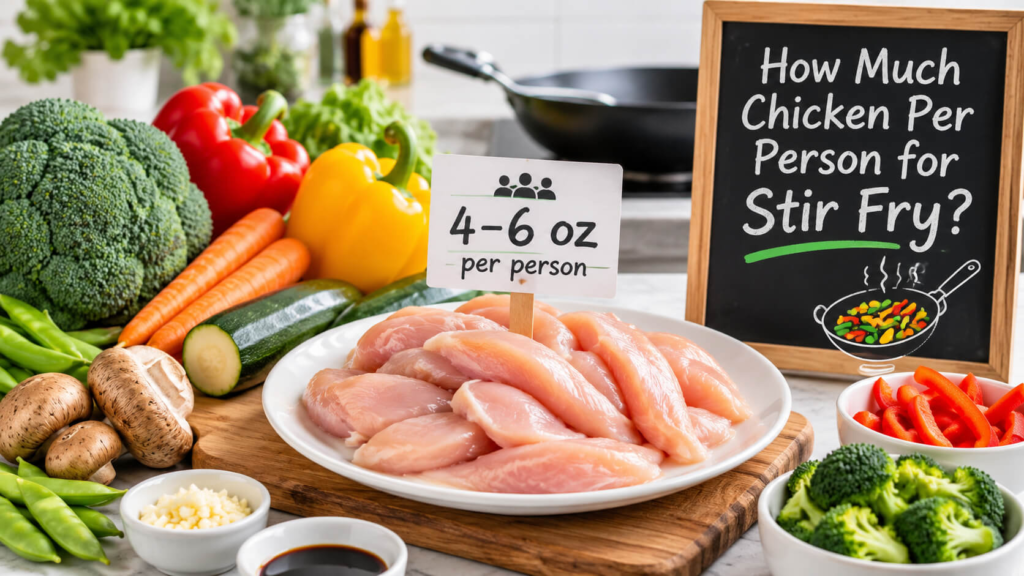 Raw sliced chicken breast measured for the ideal chicken per person stir fry serving size with fresh vegetables on a kitchen counter