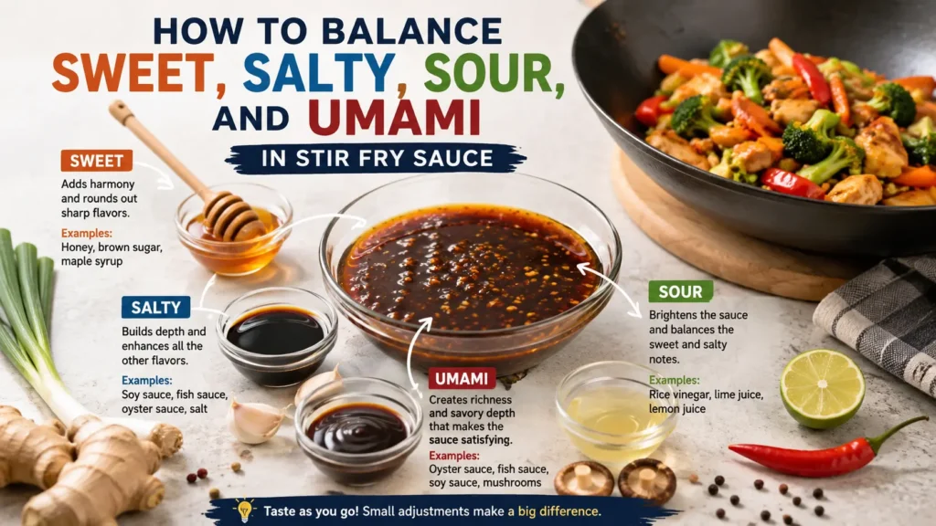 Balancing sweet salty sour and umami flavors in homemade stir fry sauce