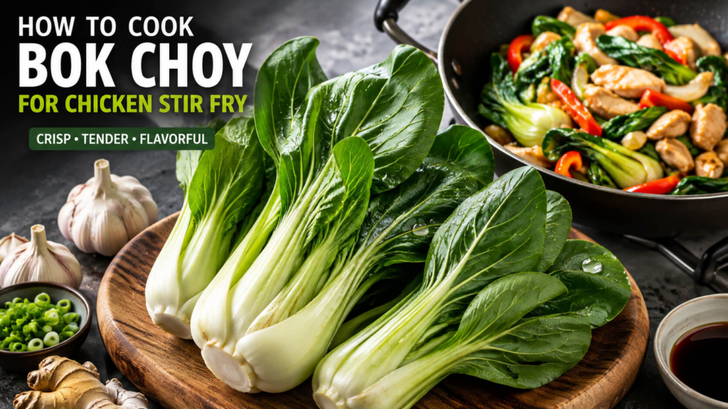 Fresh bok choy prepared for chicken stir fry with crisp green leaves and tender white stems