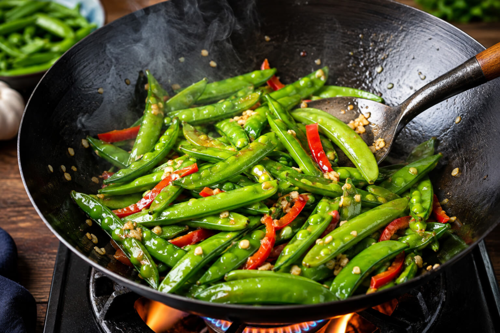Fresh crisp snap peas being cooked in a hot wok for a perfect stir fry without losing their crunch
