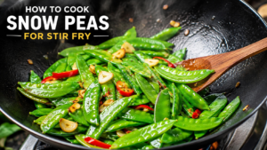 How to cook snow peas for stir fry with bright green crisp-tender snow peas in a hot wok