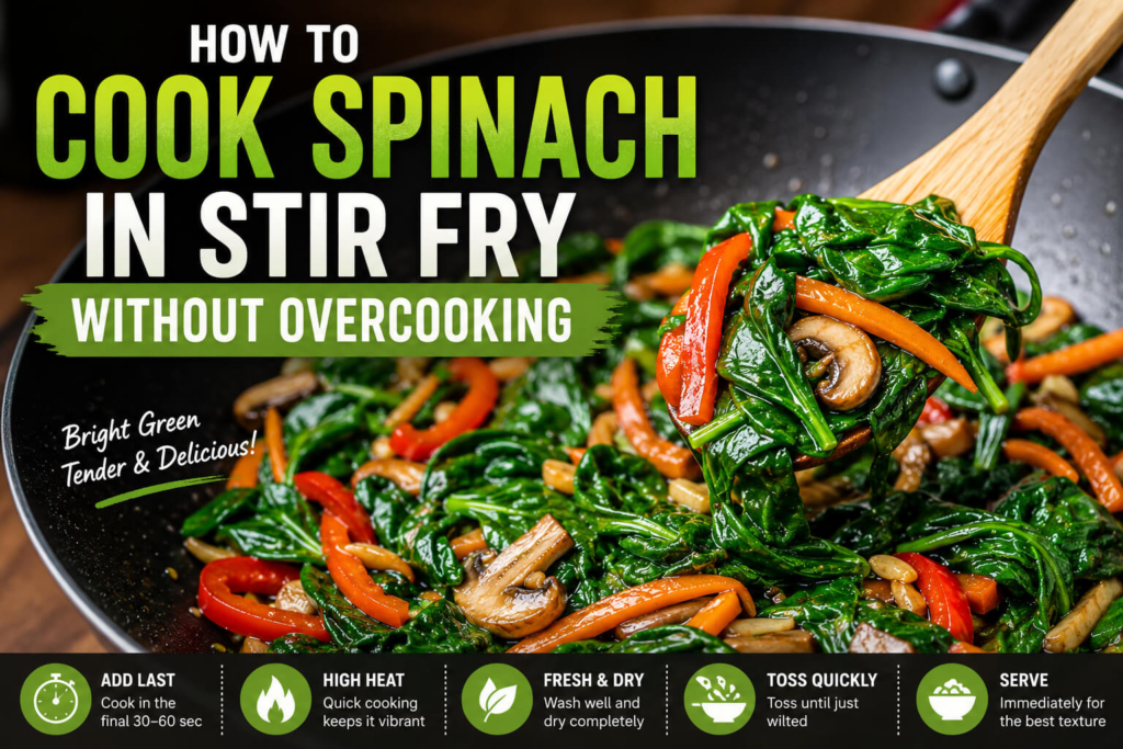 How to cook spinach in stir fry without overcooking while keeping the spinach vibrant green and tender