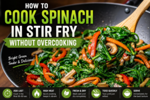 How to cook spinach in stir fry without overcooking while keeping the spinach vibrant green and tender