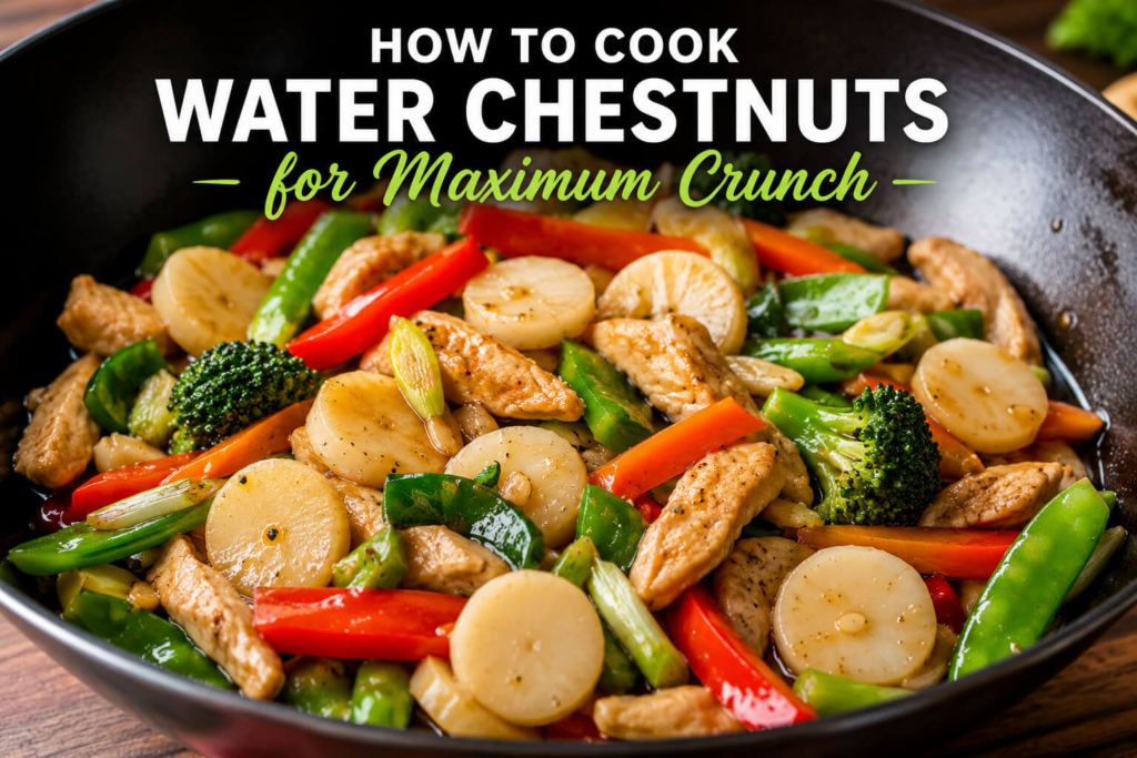 Fresh water chestnuts stir fry with colorful vegetables cooked for maximum crunch