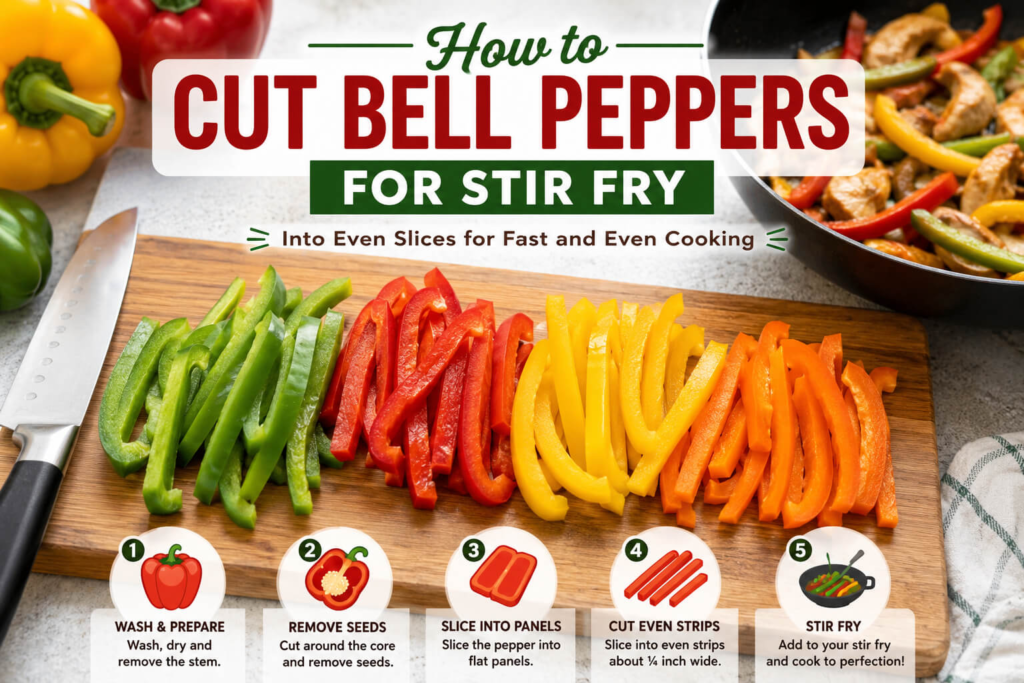 How to cut bell peppers for stir fry into even slices for fast and even cooking
