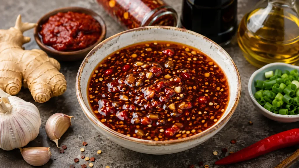 Homemade spicy stir fry sauce made with chili paste soy sauce garlic and ginger in a small bowl