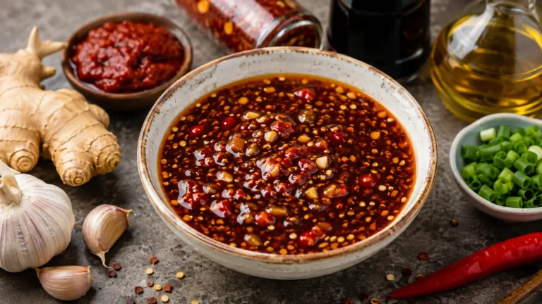 Homemade spicy stir fry sauce made with chili paste soy sauce garlic and ginger in a small bowl