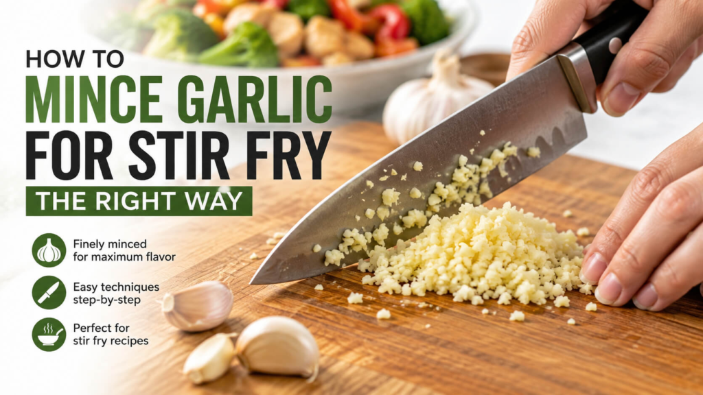 How to mince garlic for stir fry the right way using a chef's knife on a wooden cutting board