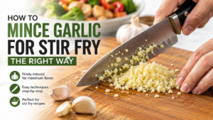 How to mince garlic for stir fry the right way using a chef's knife on a wooden cutting board