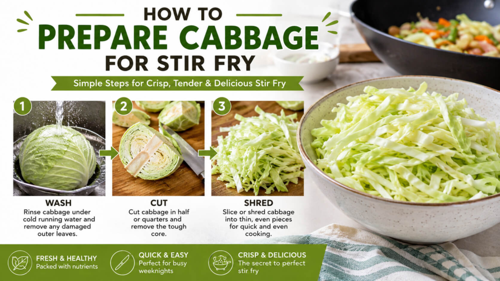How to prepare cabbage for stir fry by washing, cutting, and shredding fresh cabbage for crisp-tender results