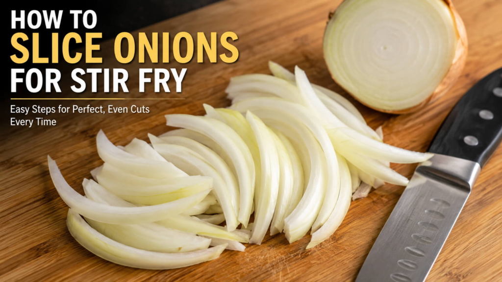 How to slice onions for stir fry with evenly sliced yellow onion on a wooden cutting board beside a chef's knife