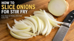 How to slice onions for stir fry with evenly sliced yellow onion on a wooden cutting board beside a chef's knife