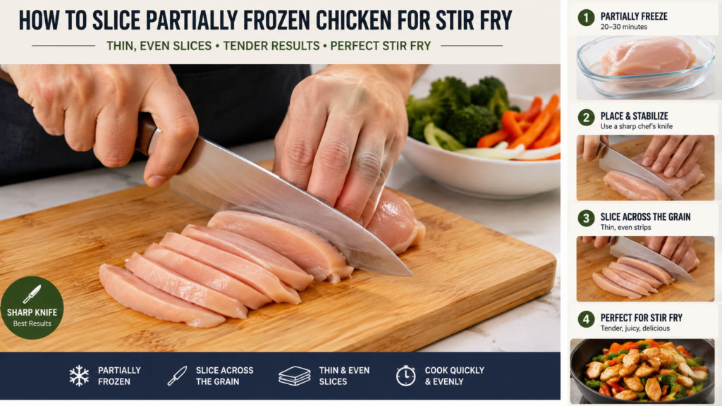 How to slice partially frozen chicken for stir fry into thin even strips using a sharp chef's knife