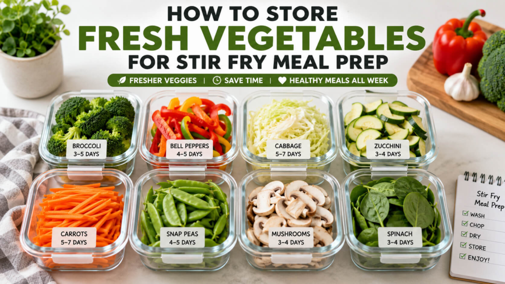 How to store vegetables for stir fry meal prep using airtight containers with fresh colorful vegetables
