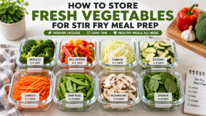 How to store vegetables for stir fry meal prep using airtight containers with fresh colorful vegetables