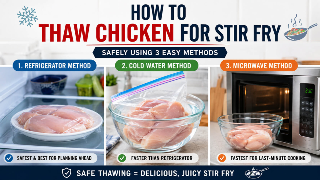 How to thaw chicken for stir fry safely using refrigerator, cold water, and microwave methods