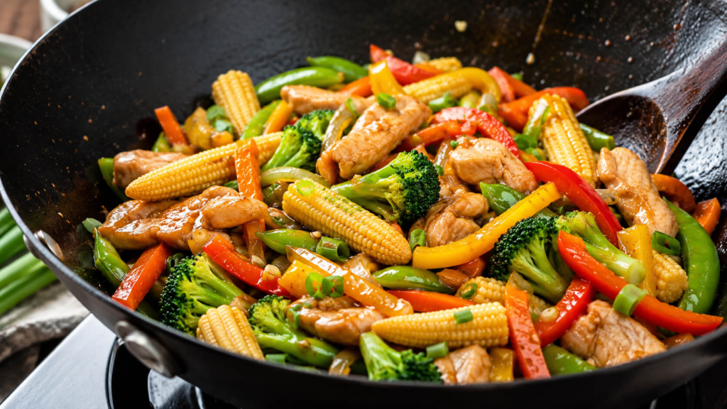 Fresh baby corn stir fry with colorful vegetables in a wok