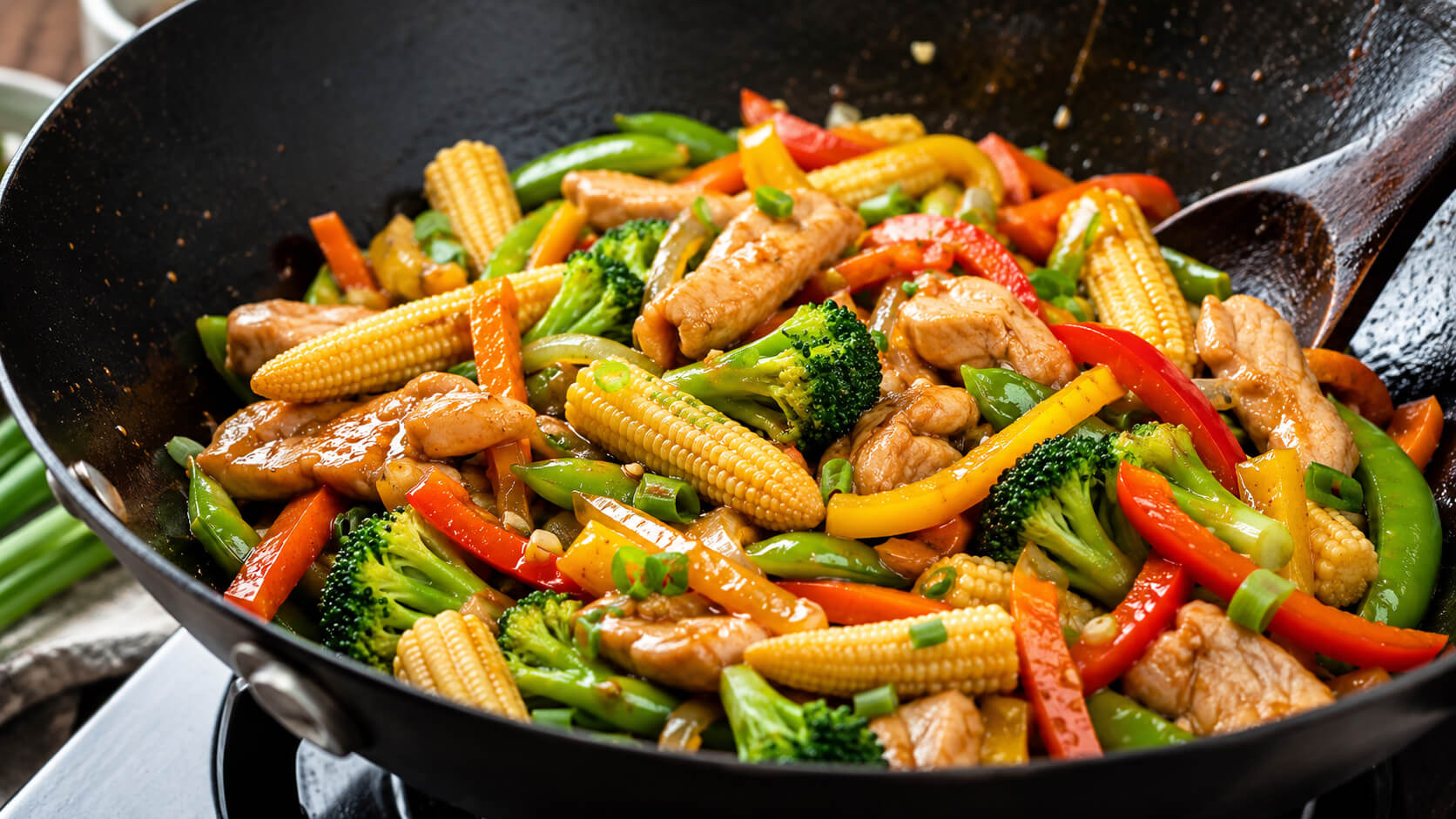Fresh baby corn stir fry with colorful vegetables in a wok