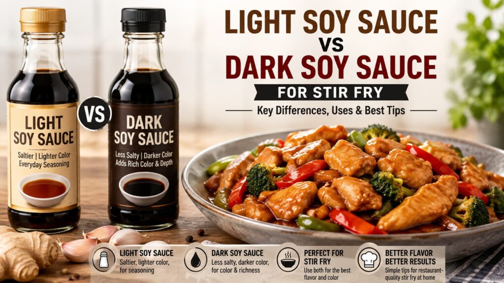 Light soy sauce vs dark soy sauce for stir fry shown side by side with a chicken stir fry dish