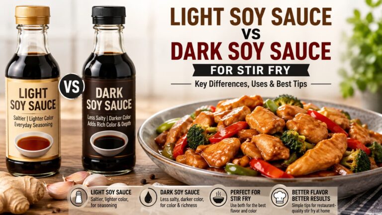 Light soy sauce vs dark soy sauce for stir fry shown side by side with a chicken stir fry dish