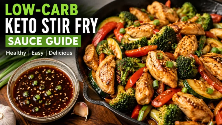 Homemade keto stir fry sauce served with chicken and low-carb vegetables in a skillet