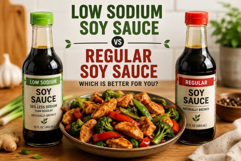 Low sodium soy sauce vs regular soy sauce bottles beside a homemade chicken stir fry