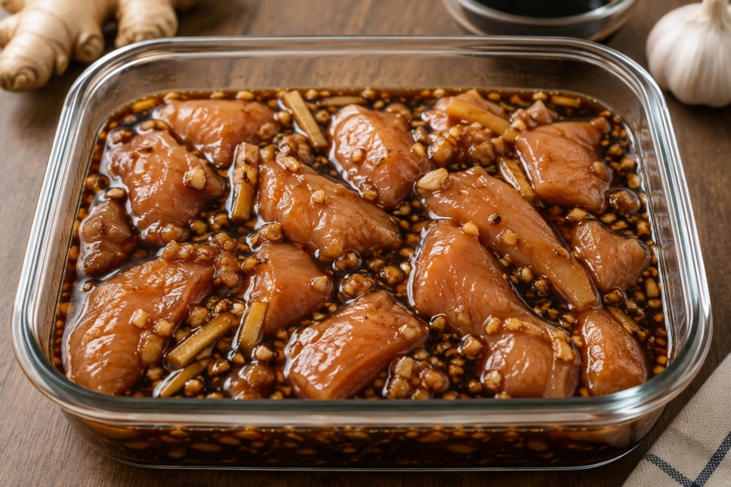 Raw chicken marinating overnight in a soy sauce marinade before making chicken stir fry